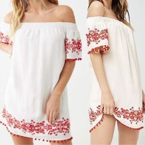 NWT Forever 21 Off The Shoulder Ivory Red Floral Embroidery Dress Size M